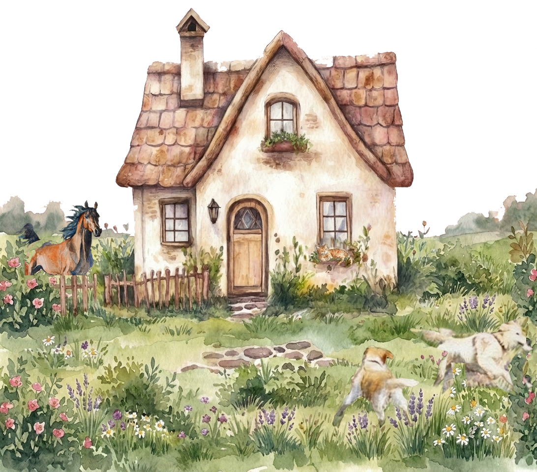 A watercolor storybook cottage in a wildflower meadow, with a terracotta scalloped roof, arched wooden door, iron lantern, flower boxes, picket fence, and a stone path leading through lavender and daisies